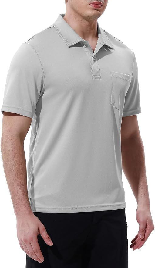 Men's Short Sleeve Quick Dry Polo Shirt with Chest Pocket for Golf