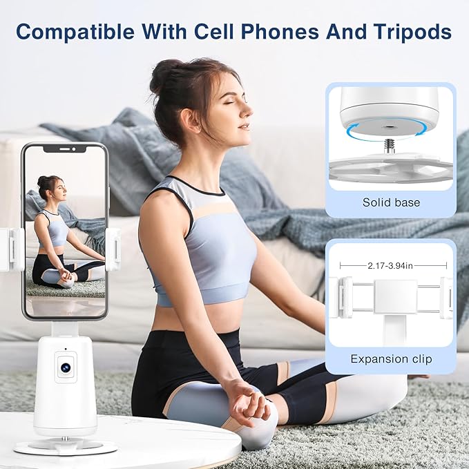 Auto Face Tracking Tripod 360° Rotating Cell Phone Photo and Video Kits Stand, No App, Camera Stand with Remote and Gesture Control, Rechargeable Smart Shooting Stand for Live Recording Tiktok (White)
