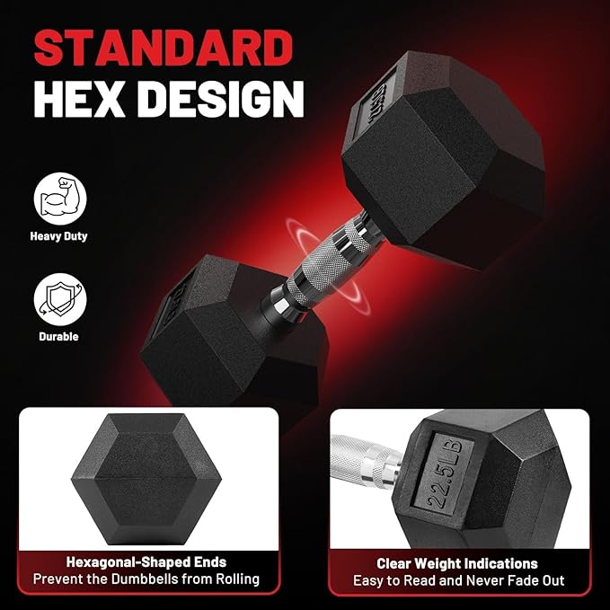 PAPABABE Hex Dumbbell Set 45-550 lb, Rubber Encased Home Gym Dumbbells, Weights Dumbbells for Women & Men, Hand Weight for Strength Training