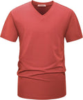 A man wearing a premium fitted modern V-neck t-shirt in a neutral color, showcasing the form-fitting cut.
