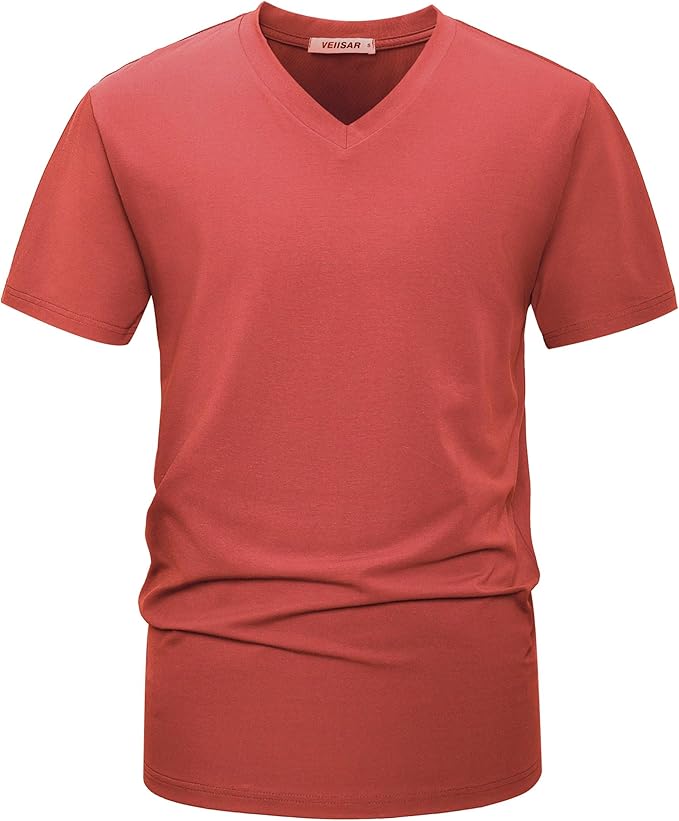 A man wearing a premium fitted modern V-neck t-shirt in a neutral color, showcasing the form-fitting cut.