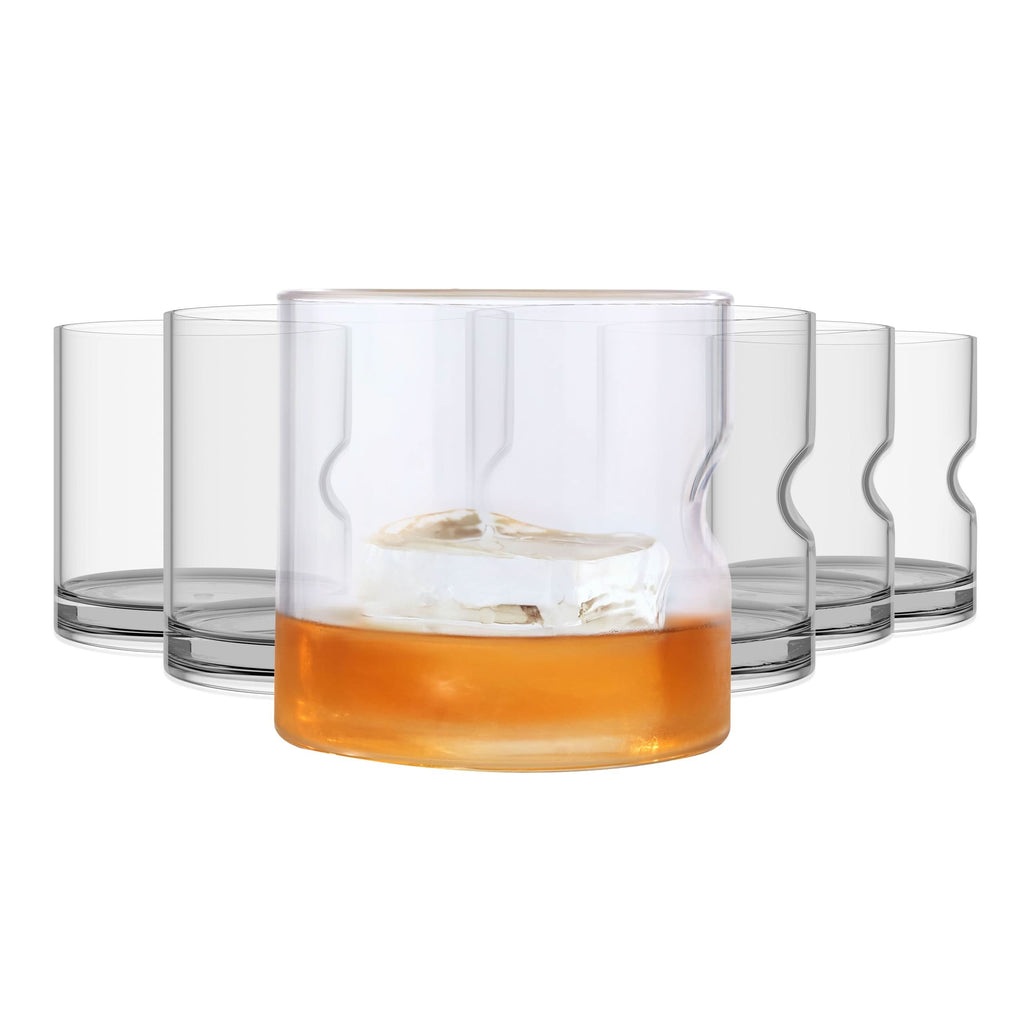 Set of six clear 12.5 oz shatterproof rocks whiskey glasses on a modern surface