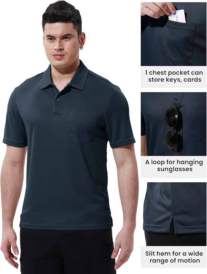 Men's Short Sleeve Quick Dry Polo Shirt with Chest Pocket for Golf