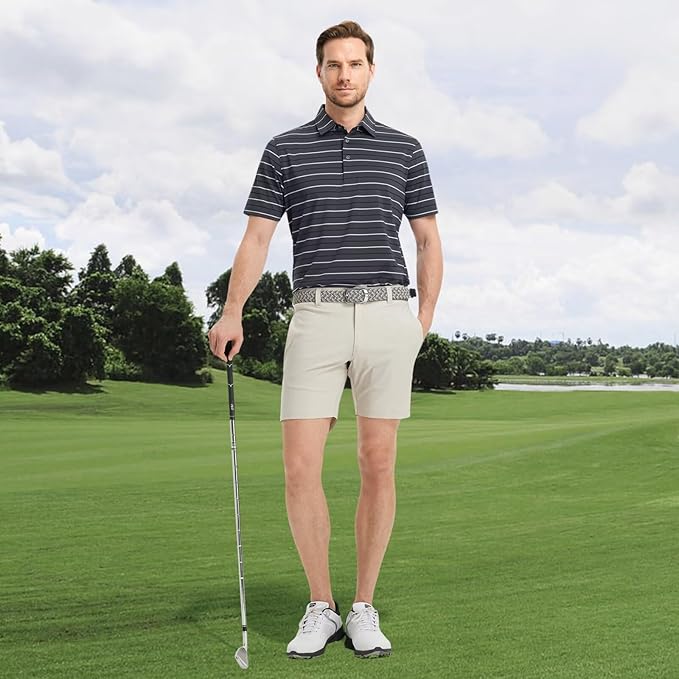 Rouen Mens Golf Shirt Moisture Wicking Dry Fit Performance Stripe Casual Collared Short Sleeve Golf Polo Shirts for Men