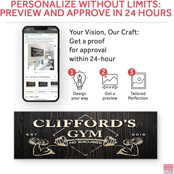 Tailored Canvases Personalized Gym Sign Wall Art Decor - Motivational Canvas for Home Gym, Workout Room, Garage, Fitness Center - Workout Inspirational Posters - Gym Name on Wooden Background, 36x12in