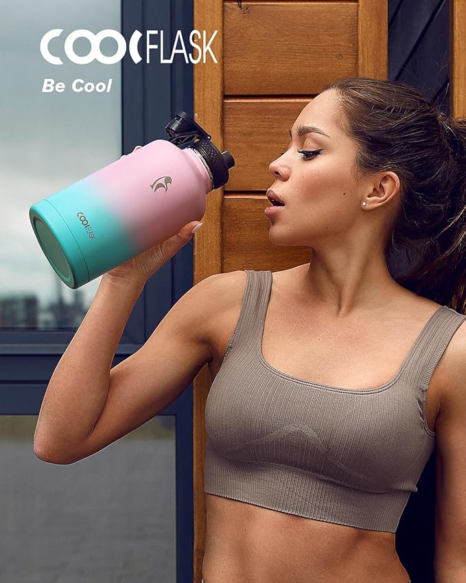 Water Bottle Insulated 64 oz with Straw & 3 Lids, Coolflask Half Gallon Water Jug Large Metal Stainless Steel Wide Mouth, Non-BPA Keep Cold 48H Hot 24H, Bubblegum Princess