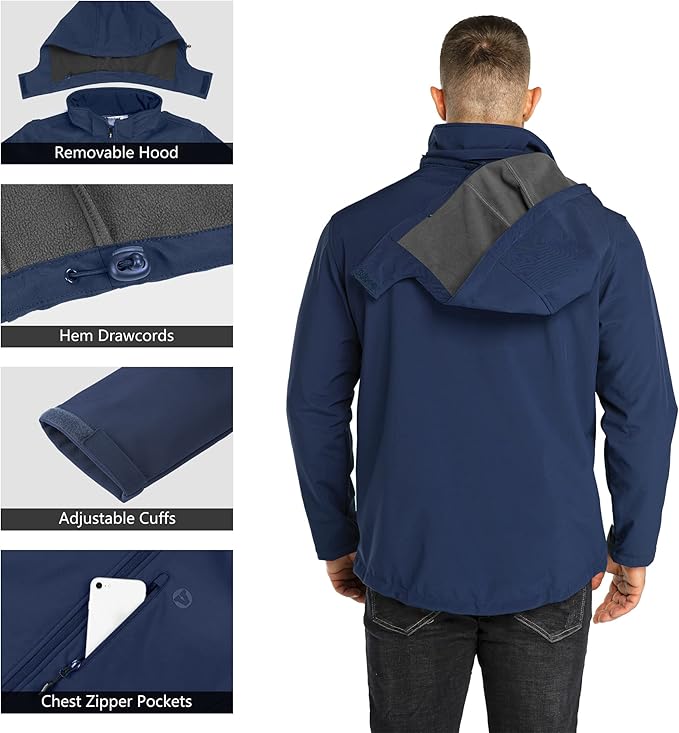Outdoor Ventures Men's Lightweight Softshell Jacket Fleece Lined Hooded Water Resistant Winter Hiking Windbreaker Jackets