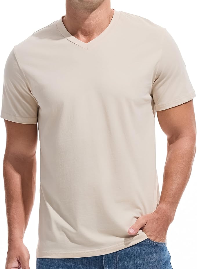 Close up of a men's premium V-neck t-shirt showing the fitted fabric texture and neckline detail.