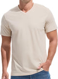 Close up of a men's premium V-neck t-shirt showing the fitted fabric texture and neckline detail.