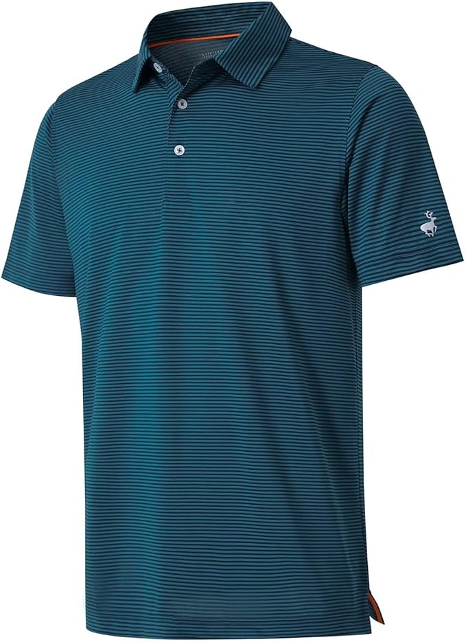 Men wearing a stylish two-tone striped short sleeve performance polo shirt.