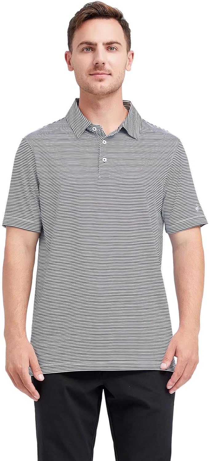 Men's Striped Performance Golf Polo Shirt Moisture Wicking Dry Fit