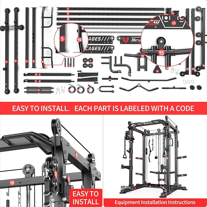 Power Cage,1600lbs Multi-Function Power Rack with Adjustable Cable Crossover System and More Training Attachment, Weight Cage for Home Gym