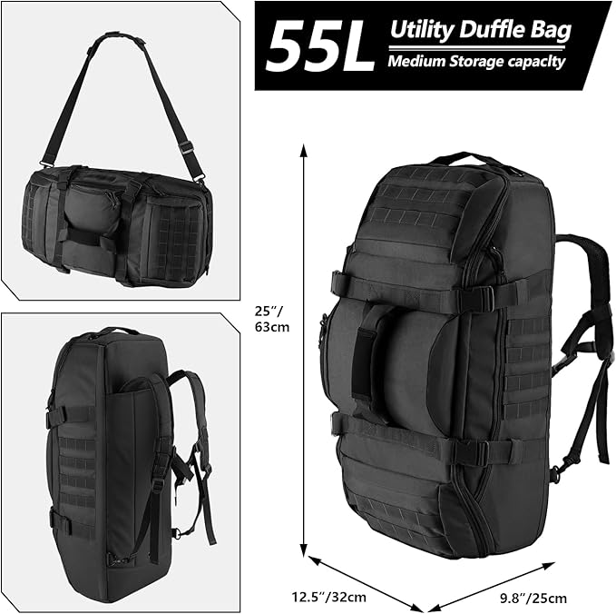 55L Large Duffle Bag, 3-in-1 Tactical Backpack MOLLE Pack for Sports, Gym, Outdoor, Black