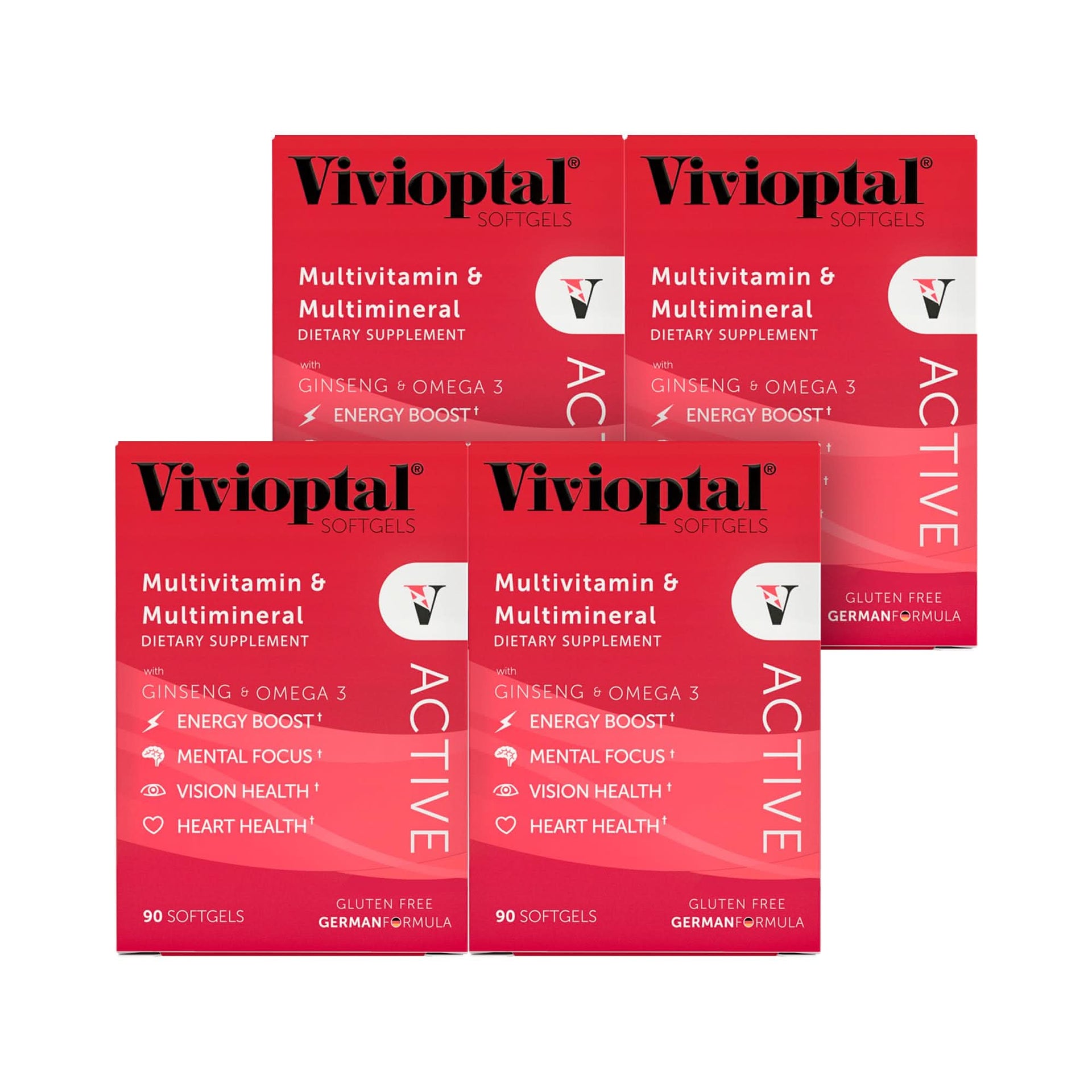 Vivioptal Active multivitamin blister packs, a 1-year supply of German formula supplement with Ginseng and Omega-3.