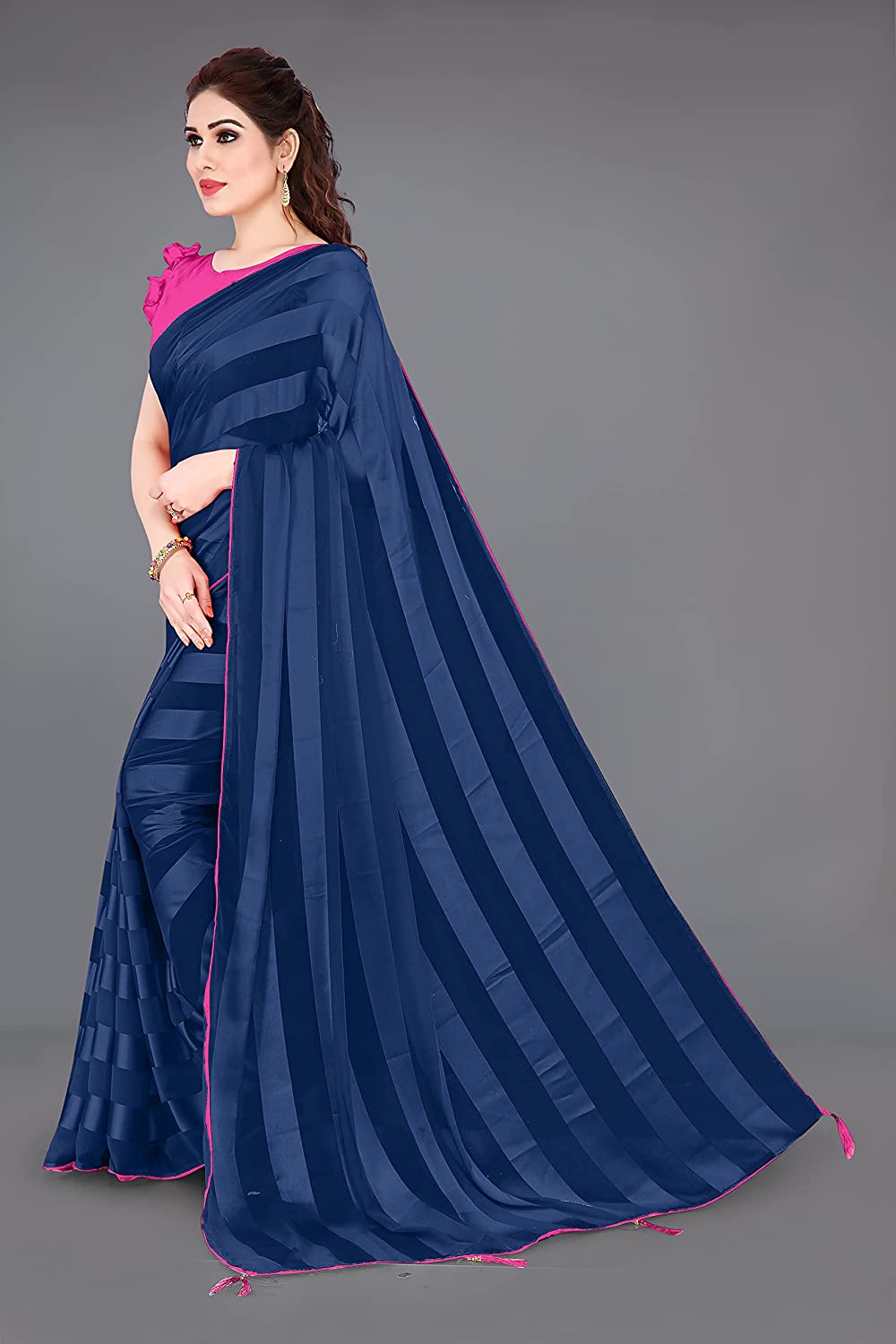 Women's Georgette Saree with Satin Stripes and Contrast Border