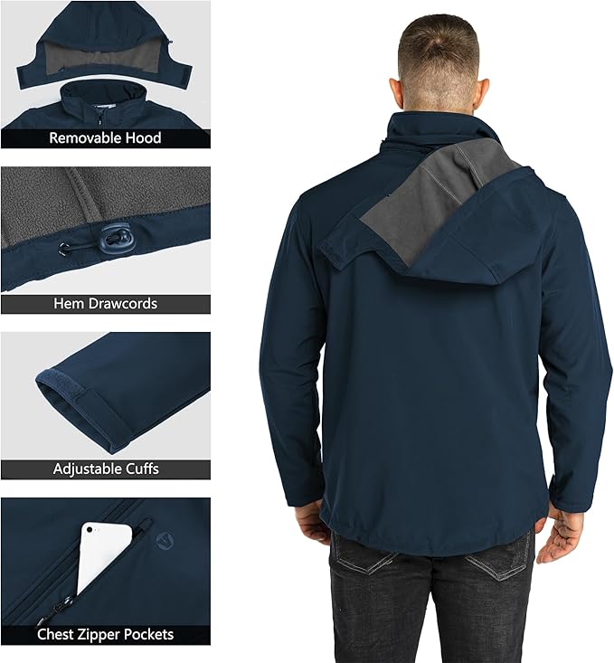 Outdoor Ventures Men's Lightweight Softshell Jacket Fleece Lined Hooded Water Resistant Winter Hiking Windbreaker Jackets