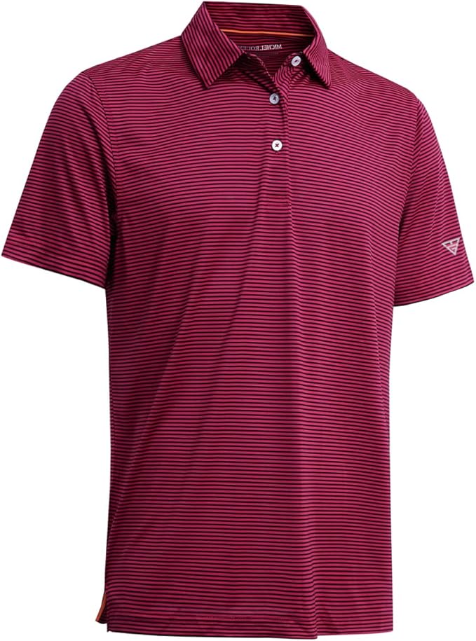 Men's performance short sleeve golf polo in burgundy and black stripes.