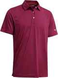 Men wearing a short sleeve striped performance golf polo in burgundy