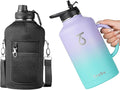 Trebo 64oz Water Bottle Insulated with Straw Lids,Half Gallon Double Wall Vacuum Stainless Steel Metal Large Jug with Handle,Wide Mouth Flask Mug with Carry Pouch,Keep Cold Hot,Ombre: Purple Green