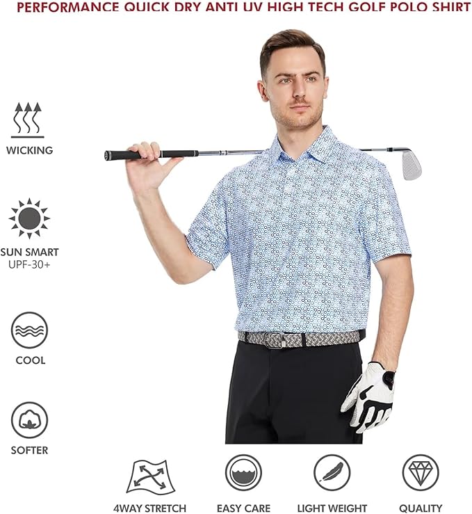 Men's Striped Performance Golf Polo Shirt Moisture Wicking Dry Fit