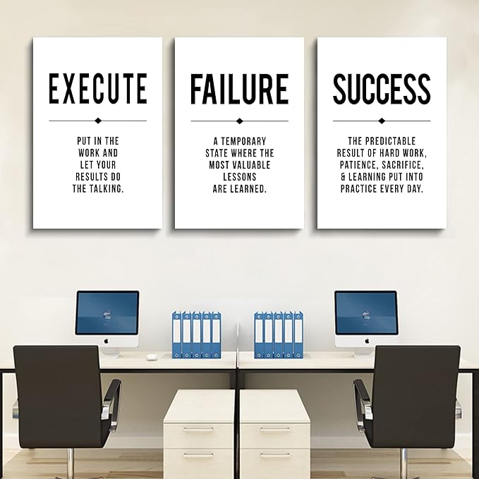 Framed Canvas Wall Art Success Quote, Office Wall Art, Black Large Poster, Positive Motivational Set of 3 Prints, Execute Failure Definition, Inspirational Print (D-3pcs,20x30inchx3pcs)
