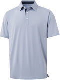 Man wearing a striped moisture-wicking short sleeve golf polo shirt