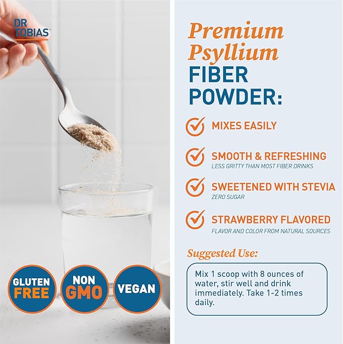 Dr. Tobias Colon Everyday Health - Gut Health for Women & Men - Psyllium Fiber Powder Drink with 4g Psyllium Husk Powder per Serving, Vegan, Gluten Free, Non-GMO, Strawberry Flavor, 60 Servings