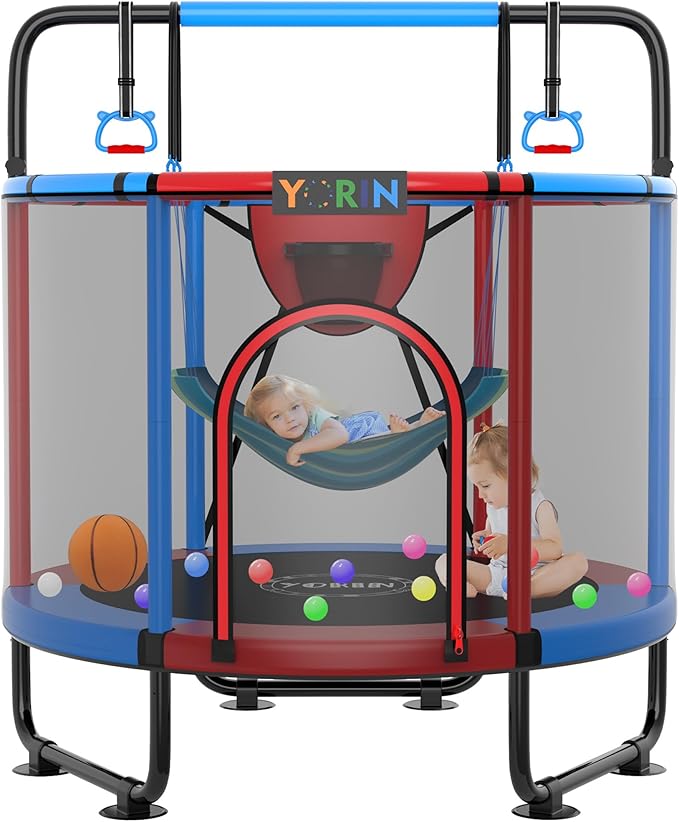 Children playing on a mini trampoline with an enclosure, basketball hoop, and swing set.