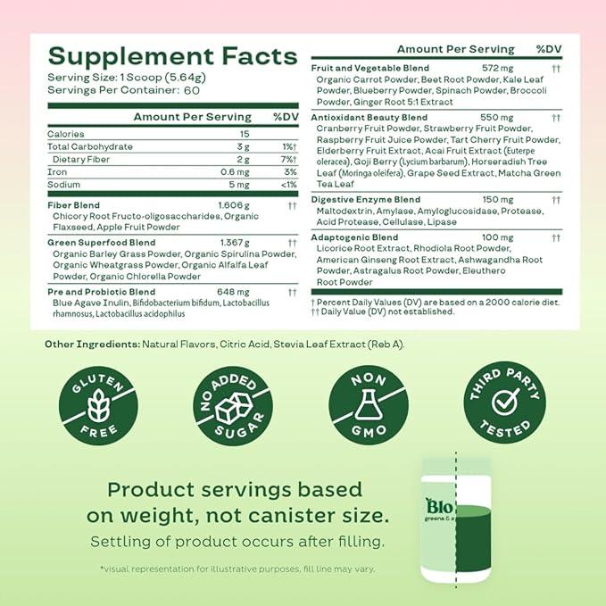 Bloom Nutrition Superfood Greens Powder, Digestive Enzymes with Probiotics and Prebiotics, Gut Health, Bloating Relief for Women, Chlorella, Green Juice Mix w Beet Root Powder, 60 SVG, Strawberry Kiwi