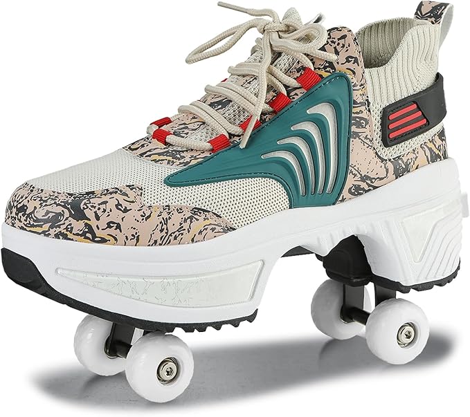 Roller Skate Shoes for Women Four Rounds Children's Roller Skates Shoes That Turn into Rollerskates Sneakers Outdoor Light Shoes with Wheels for Girls/Boys