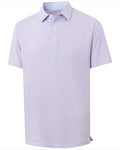 Close-up of a men's moisture-wicking golf polo with pinstripe pattern and contrasting collar piping
