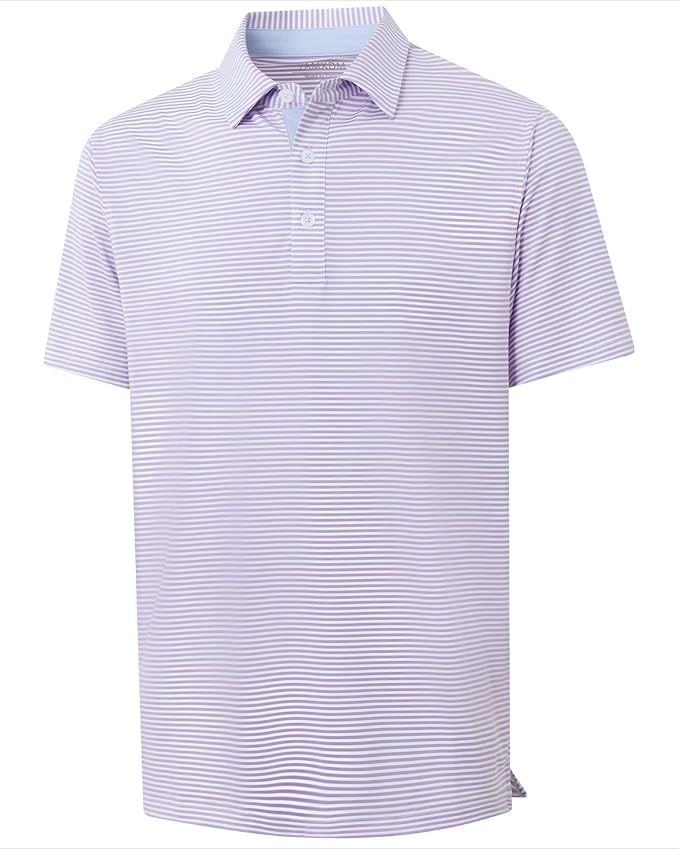 Close-up of a men's moisture-wicking golf polo with pinstripe pattern and contrasting collar piping