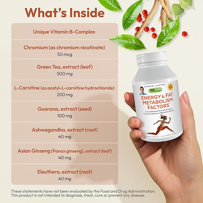 ANDREW LESSMAN Energy and Fat Metabolism Factors - 360 Capsules - Promotes Optimum Fat and Energy Metabolism, with Carnitine, Green Tea, Guarana, Ginseng, B-Complex. Easy to Swallow Capsules