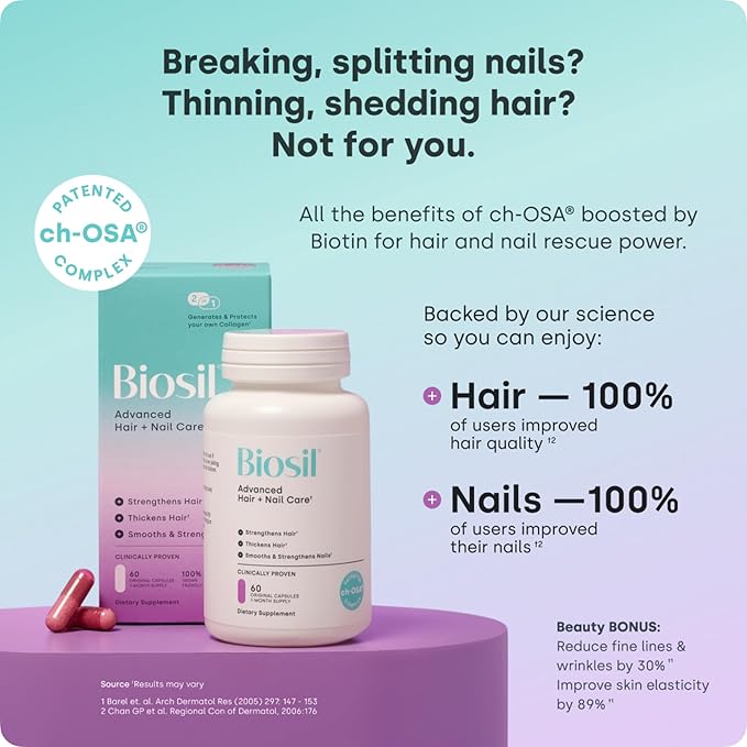 Biosil Advanced Hair + Nail Care - Growth Vitamins for Women - Strengthen & Thicken Strands - 30 Capsules - Patented ch-OSA - 15-Day Supply