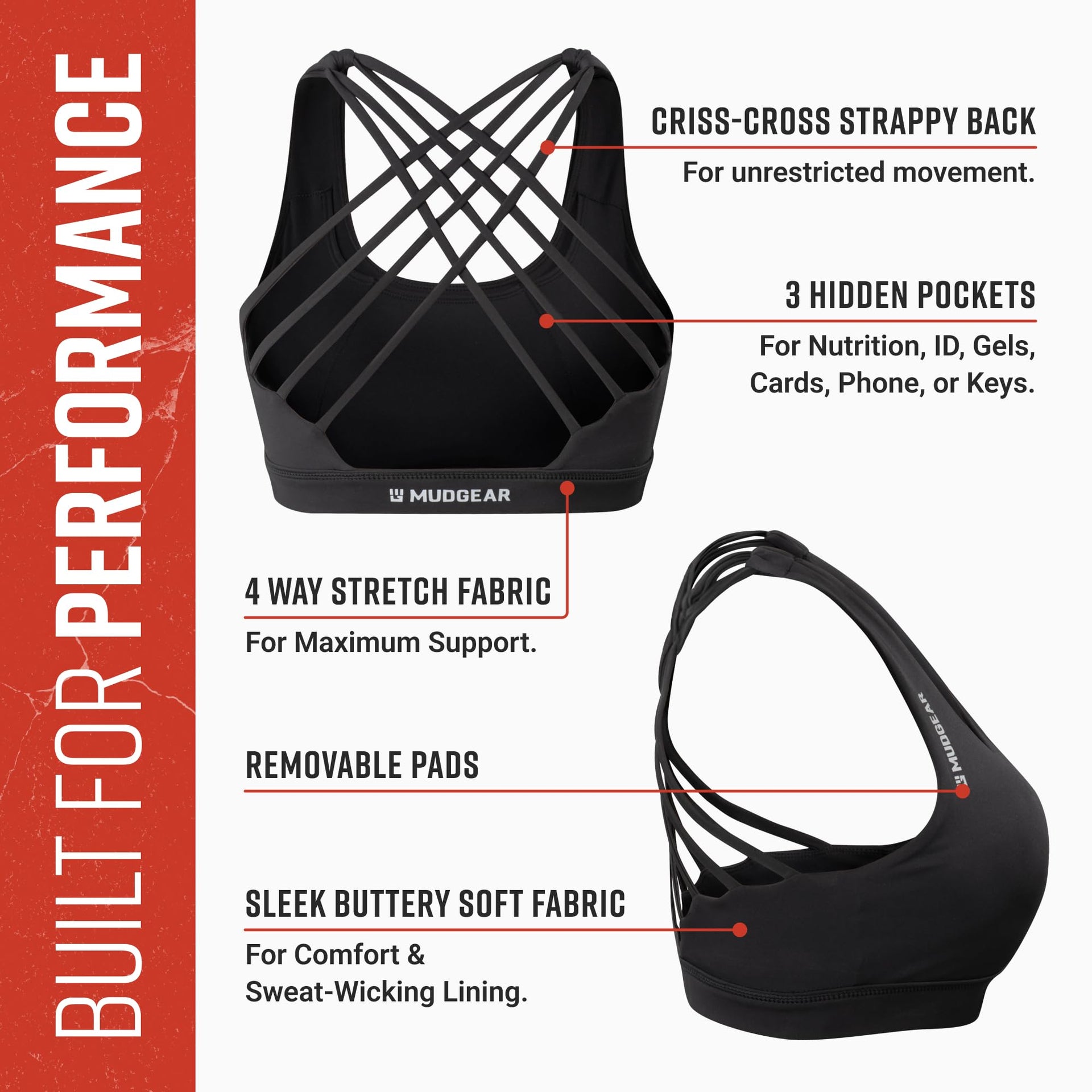 Women's Performance Sports Bra with Storage Pockets in Black - Image 3