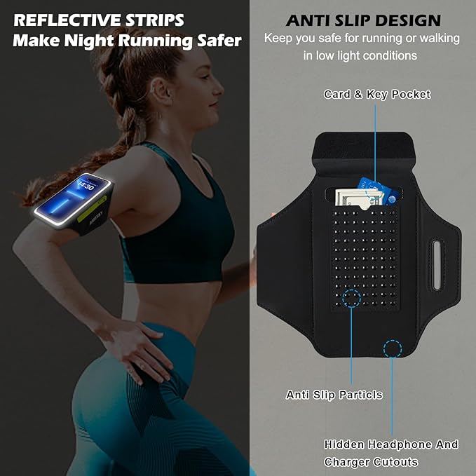 Cell Phone Running Armband with Zipper Pocket Armband Case Running Holder for iPhone 16 Pro Max/15/14 Pro Max/13/12 /11 Pro Max/XS/XR,Galaxy S20 S10,Sweatproof Arm Band with Card/Key Bag