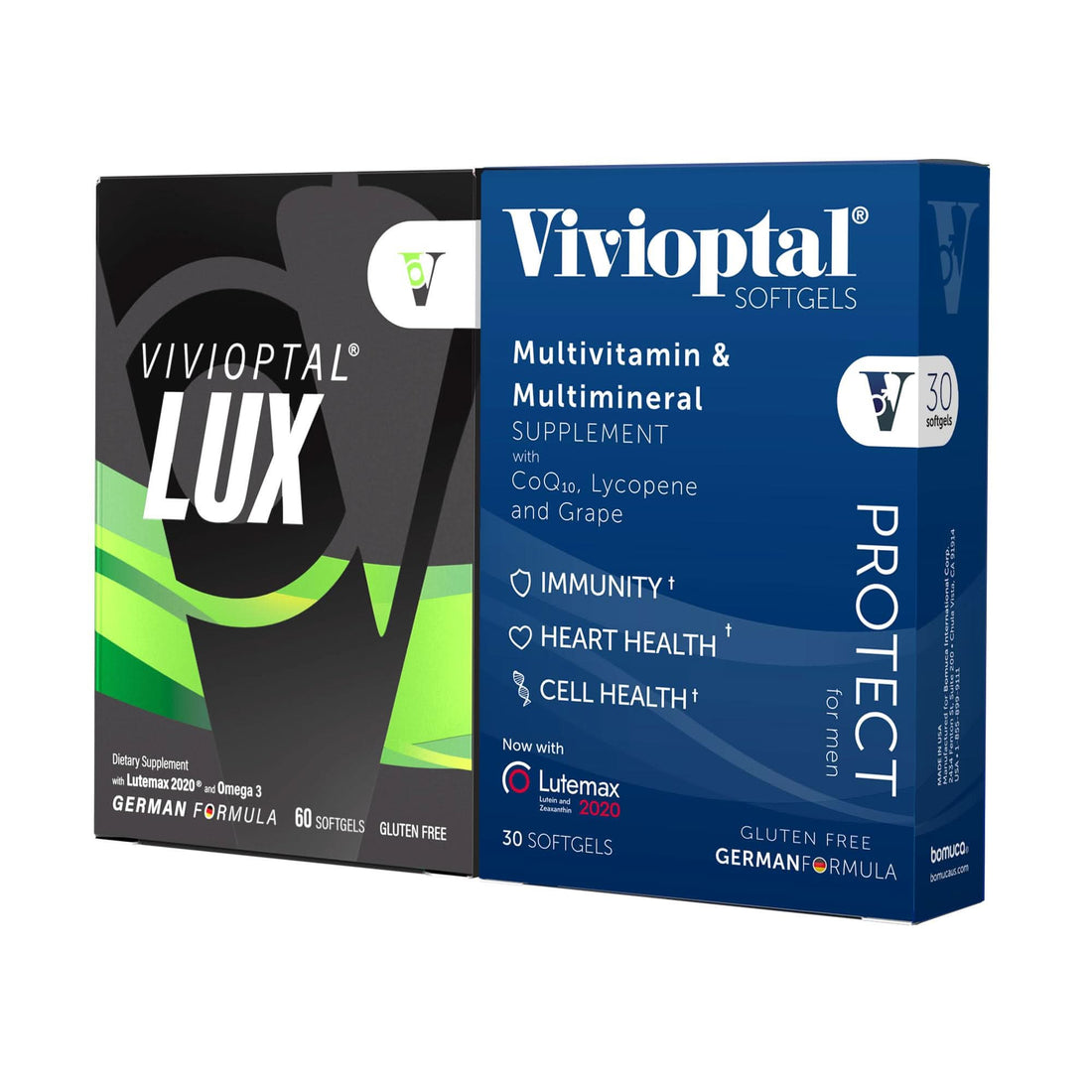 Vivioptal for Men and Vivioptal Lux multivitamin bottles in deep navy and white packaging.