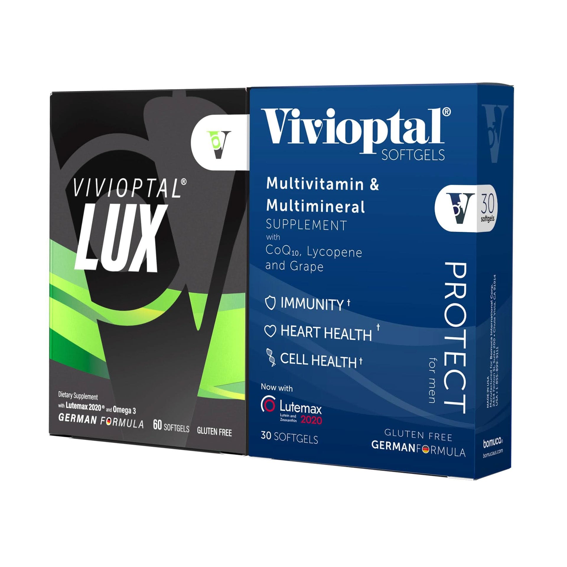 Vivioptal for Men and Vivioptal Lux multivitamin bottles in deep navy and white packaging.