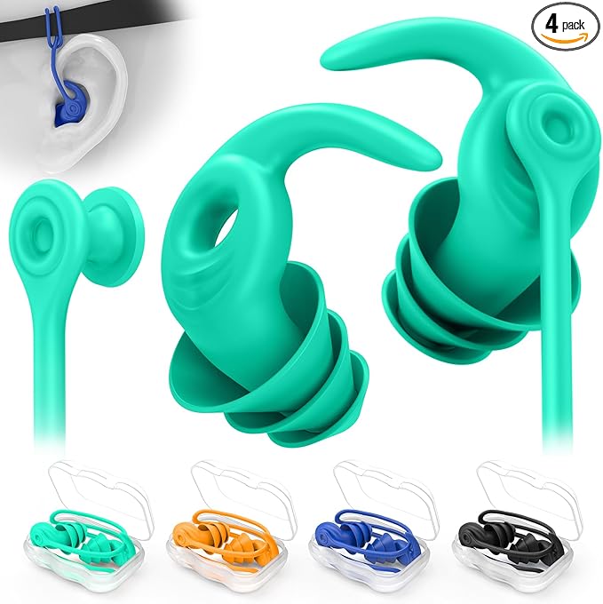 Swimming Ear Plugs for Adults, 4 Pairs Waterproof Reusable Silicone Swim Earplugs with Removable Cord, Perfect for Swimming, Showering, Surfing and Other Water Sports - Two Wearing Styles