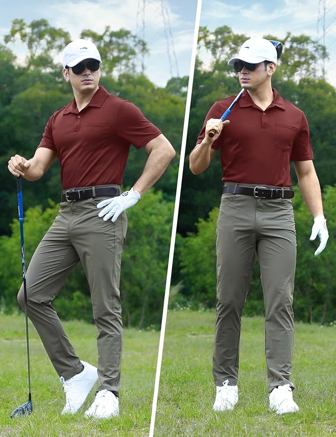 Men's Short Sleeve Quick Dry Polo Shirt with Chest Pocket for Golf