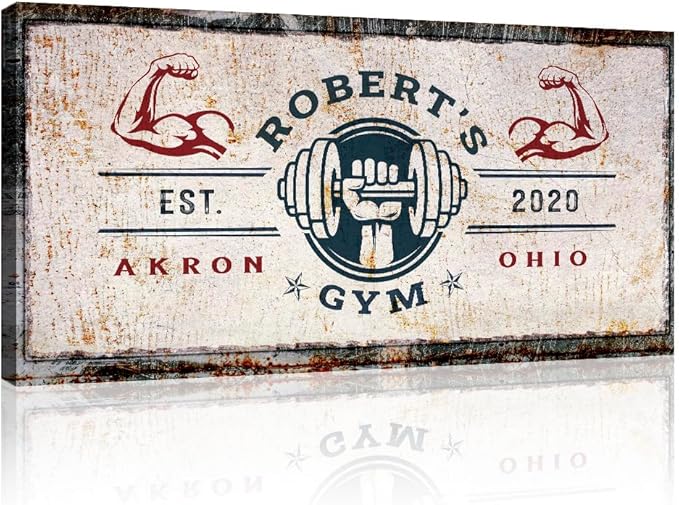 Tailored Canvases Personalized Gym Sign Wall Art Decor - Motivational Canvas for Home Gym, Workout Room, Garage, Fitness Center - Workout Inspirational Posters - One Hand with Dumbbell on Rustic, 60x30in