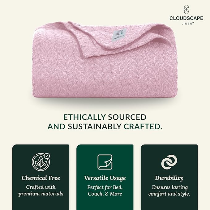 Cloud Scape Linen 100% Cotton Queen Size Blanket, Herringbone Pattern, Lightweight Summer Blanket,Best Gifts for Women, fits Full Size Bed, 92 x 92, Seashell Pink