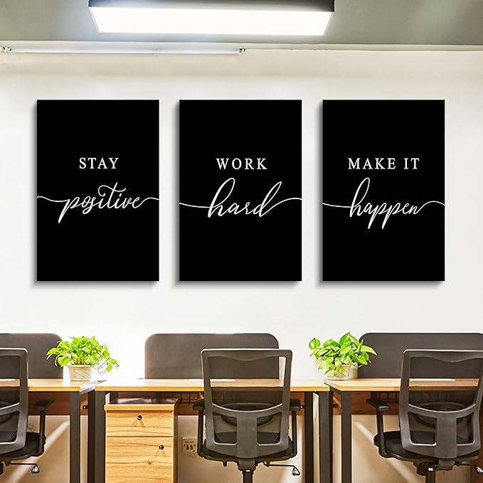 Stay Positive Letters Artwork,Framed Canvas Wall Art Positive Quote, Office Wall Art, Black Large Poster, Inspirational Prints for Boss Gift (E-3pcs,20x30inchx3pcs)