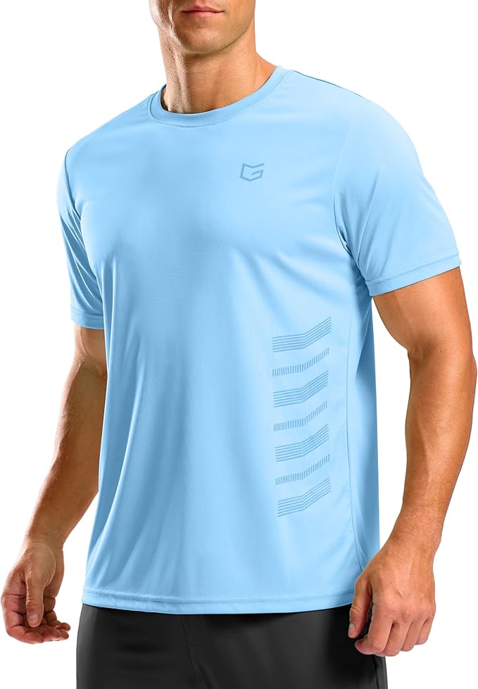 Men wearing a lightweight moisture-wicking short sleeve athletic shirt during a workout.