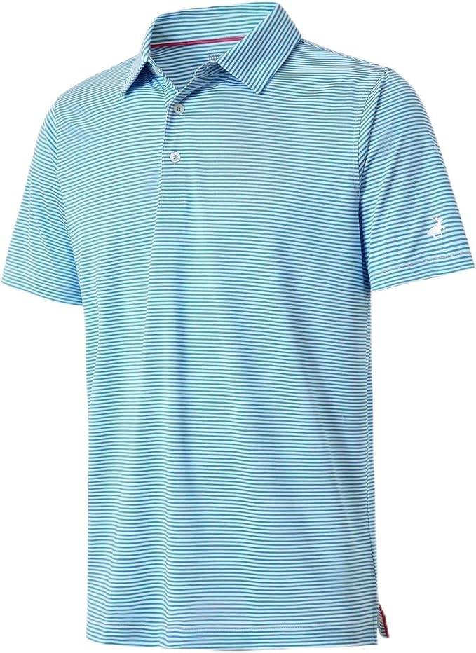 Men's striped moisture-wicking golf polo shirt with a button closure and no-curl collar