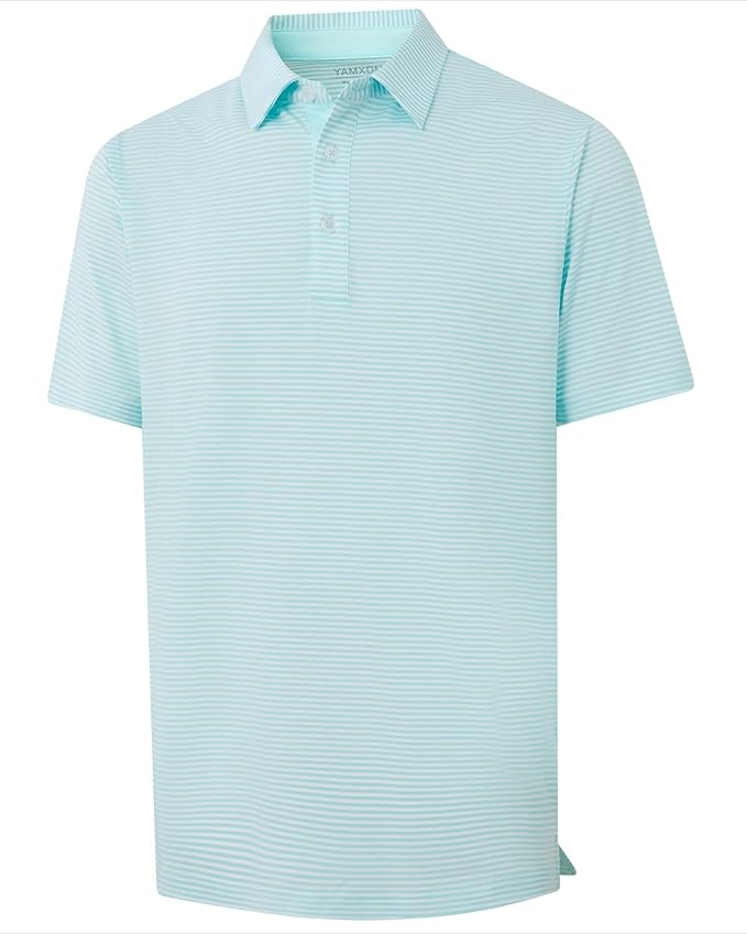 Close-up of a men's moisture-wicking golf polo with pinstripe pattern and contrasting collar piping