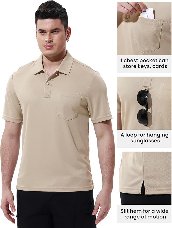 Men's Short Sleeve Quick Dry Polo Shirt with Chest Pocket for Golf