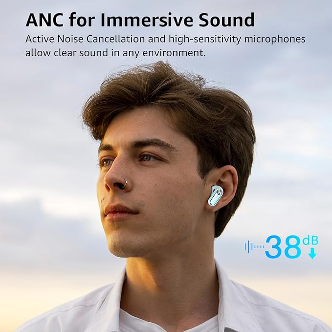 TOZO Crystal Pods Hybrid Active Noise Cancelling Wireless Earbuds, 10mm Drivers Deep Bass Stereo Sound, 4 Mics Smart ENC AI Calls, 32 EQ via App, Bluetooth 5.4 Headphones, Crystal Case Design