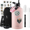 One Gallon Water Bottle Insulated, Triple Wall Vacuum Cold for 48 Hrs & Leak-proof & Non-BPA, 128oz Large Sports Stainless Steel Water Jug with Paracord Handle Straw Spout Lids & DIY Stickers