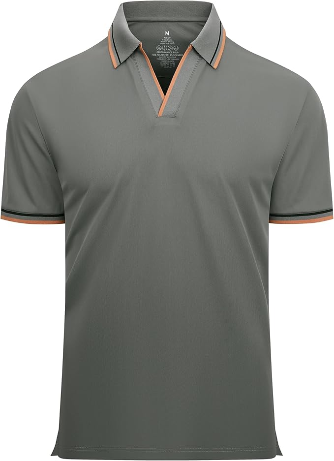 Man wearing a stylish jacquard V-neck golf polo shirt in a moisture-wicking performance fabric.